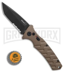 Boker Plus Strike Coyote Brown Automatic Knife - Tanto Black SW Serr -Grindworx Boker Plus Strike Tanto Coyote Brown black sw serr BHQ 67885 er bottlecap large