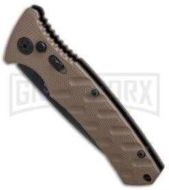 Boker Plus Strike Coyote Brown Automatic Knife - Tanto Black SW Serr -Grindworx Boker Plus Strike Tanto Coyote Brown black sw serr BHQ 67885 er spine large