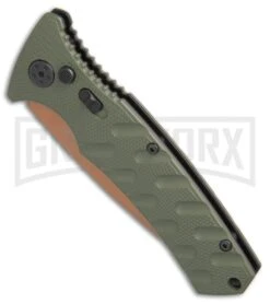 Boker Plus Strike Desert Warrior OD Green Automatic Knife - Tanto Copper Plain -Grindworx Boker Plus Strike Tanto Desert Warrior OD Green copper BHQ 68520 er spine large