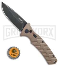 Boker Plus Strike Coyote Brown Automatic Knife - D2 Drop Point Black SW -Grindworx Boker Plus Strike drop point coyote brown black sw BHQ 67882 er bottlecap jr large