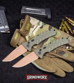 Boker Plus Strike Desert Warrior OD Green Automatic Knife - D2 Drop Point Copper -Grindworx Boker Strike Drop Point Desert Warrior Automatic Knife OD Green Copper BHQ 70998 kp tactical webv large 2