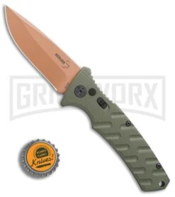 Boker Plus Strike Desert Warrior OD Green Automatic Knife - D2 Drop Point Copper -Grindworx Boker Strike drop point Desert Warrior OD Green copper BHQ 70998 er bottlecap large