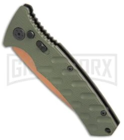 Boker Plus Strike Desert Warrior OD Green Automatic Knife - D2 Drop Point Copper -Grindworx Boker Strike drop point Desert Warrior OD Green copper BHQ 70998 er spine large 1