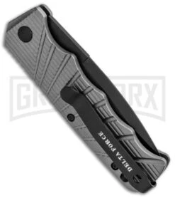Delta Force Automatic Knife Gray Aluminum - Black Plain -Grindworx Delta Force Auto Gray Molded Plastic Black Plain GX 33546 jr side large