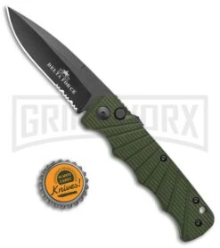 Delta Force Automatic Knife OD Green Aluminum Drop Point - Black Serr -Grindworx Delta Force Auto OD Green Aluminum DP Black Serr GX 38233 jr bottlecap large