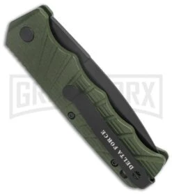 Delta Force Automatic Knife OD Green Aluminum Drop Point - Black Serr -Grindworx Delta Force Auto OD Green Aluminum DP Black Serr GX 38233 jr side large