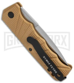 Delta Force Tan Automatic Knife - Satin Plain -Grindworx Delta Force Auto Tan Aluminum Satin GX 38230 jr side large