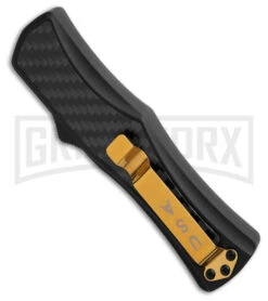 Edgeworks Carbon Fiber OTF Auto Knife Dagger - Gold Damascus Finish) -Grindworx Edgeworks Carbon Fiber OTF Auto Knife Dagger 3in Gold Damascus GX 42361 td side large