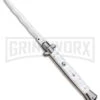 Frank B. 11" Italian Stiletto White Acrylic Automatic Knife - Kris Polish -Grindworx Frank B 11in Italian Stiletto White Acrylic Auto Kriss Polish GX 33136 jr large
