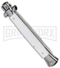 Frank B. 11" Italian Stiletto White Acrylic Automatic Knife - Kris Polish -Grindworx Frank B 11in Italian Stiletto White Acrylic Auto Kriss Polish GX 33136 jr side large