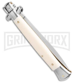 Frank B. 11" Italian Stilletto Sim Ivory Stiletto Automatic Knife - Satin Plain -Grindworx Frank B 11in Ivory Stiletto AK Dagger 5in Satin BHQ 187490 td side large