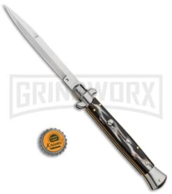 Frank B. 11" Italian Stiletto Sim Dark Horn Automatic Knife - Bayonet -Grindworx Frank B 11in Sim Dark Horn Auto Stiletto Bayo GX 7110 jr bottlecap large