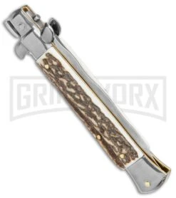 Frank B. 9" Genuine Stag Handle Automatic Stiletto Knife (Kriss) -Grindworx Frank B 9in Genuine Stag Handle Auto Stiletto Kriss GX 4719 jr side large