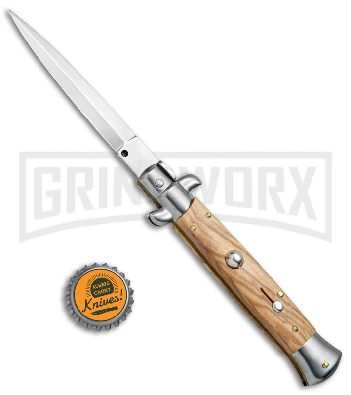 Frank B 9" Italian Stiletto Olive Wood Automatic Knife - Dagger Satin Plain 6 Frank B 9" Italian Stiletto Olive Wood Automatic Knife - Dagger Satin Plain - Image 4