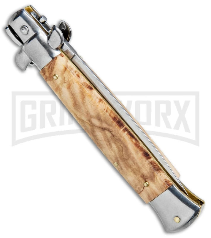 Frank B 9" Italian Stiletto Olive Wood Automatic Knife - Dagger Satin Plain 5 Frank B 9" Italian Stiletto Olive Wood Automatic Knife - Dagger Satin Plain - Image 3