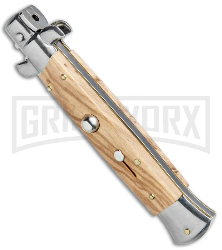 Frank B 9" Italian Stiletto Olive Wood Automatic Knife - Dagger Satin Plain 4 Frank B 9" Italian Stiletto Olive Wood Automatic Knife - Dagger Satin Plain - Image 2