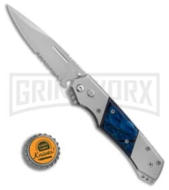 Super Knife Croc Automatic Knife Stainless W/ Blue Inlay - Satin Serr -Grindworx GA303MBL BP 25774 er bottlecap large
