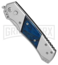 Super Knife Croc Automatic Knife Stainless W/ Blue Inlay - Satin Serr -Grindworx GA303MBL BP 25774 er spine large