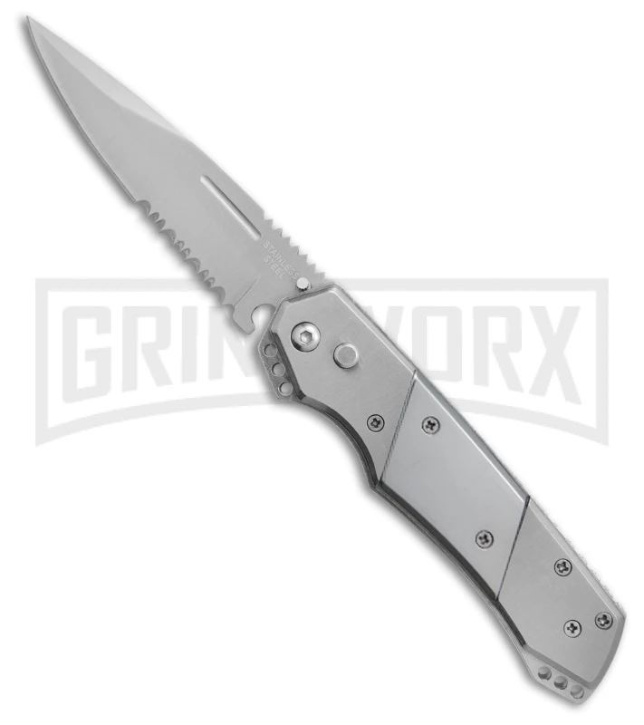 Super Knife Croc Automatic Knife Stainless W/ Polished Inlay - Satin Serr 3 Super Knife Croc Automatic Knife Stainless W/ Polished Inlay - Satin Serr