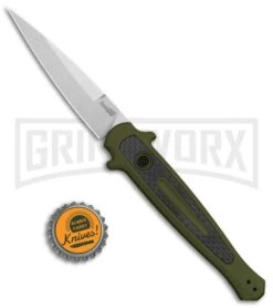 Kershaw Launch 8 Stiletto Automatic Knife Green/CF (3.5" Stonewash) -Grindworx Kershaw Launch 8 Stiletto Auto Green CF SW KER7150OLSW BHQ 105833 jr bottlecap large