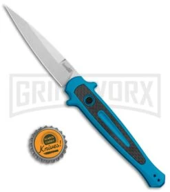 Kershaw Launch 8 Stiletto Automatic Knife Teal/CF (3.5" Stonewash) -Grindworx Kershaw Launch 8 Stiletto Auto Teal CF SW KER7150TEALSW BHQ 105834 jr bottlecap large