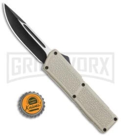 Lightning Elite Desert Tan D/A OTF Automatic Knife - Drop Point Black Plain -Grindworx Lightning Elite Desert Tan DA OTF Auto DP Black GX 36356 jr bottlecap large