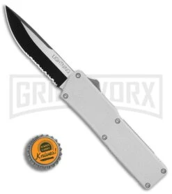 Lightning White D/A OTF Automatic Knife - Two-Tone Serrated 4TH18 -Grindworx Lightning White DA Two Tone Serr BP 30331 er bottlecap large
