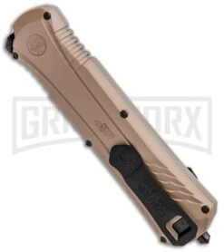 M&P Spring Assisted Tan OTF Spear Point Knife - Black Plain -Grindworx MP OTF Assist Finger Actuator SP 1084315 BHQ 80730 jr side large
