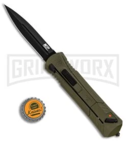 M&P Spring Assisted OD Green OTF Spear Point Knife - Black Plain -Grindworx MP OTF Spear Point OD Green Black BHQ 89672 er bottlecap 2 large