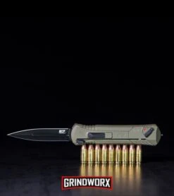 M&P Spring Assisted OD Green OTF Spear Point Knife - Black Plain -Grindworx MP OTF Spring Assisted Spear Point Knife OD Green Black Exclusive BHQ89672 kp black with bullets web large