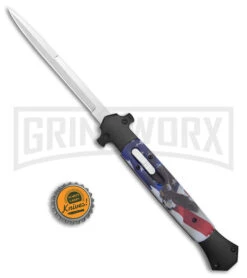 Mago 13" Eagle / Flag D/A Italian Stiletto OTF Knife - Satin Plain Bayo -Grindworx Mago 13in Eagle Flag DA Italian Stiletto OTF Satin Bayo GX 39631 jr bottlecap large