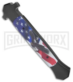 Mago 13" Eagle / Flag D/A Italian Stiletto OTF Knife - Satin Plain Bayo -Grindworx Mago 13in Eagle Flag DA Italian Stiletto OTF Satin Bayo GX 39631 jr side large