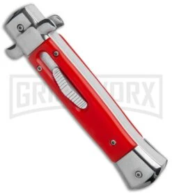 Mago 9" Red Italian Stiletto OTF Automatic - Dagger Satin Plain -Grindworx Mago 9in Red Italian Stiletto OTF Auto Satin Plain Silver Bolster GX 37038 jr spine large