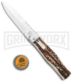 Mikov 241 Predator Stag Automatic Lever Lock Knife File Work - Bayo -Grindworx Mikov 241 Predator LL Bayo Auto Stag File Work Satin BHQ 104172 jr bottlecap large