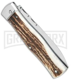 Mikov 241 Predator Stag Automatic Lever Lock Knife File Work - Bayo -Grindworx Mikov 241 Predator LL Bayo Auto Stag File Work Satin BHQ 104172 jr side large