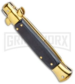 Milano 9" Italian Stiletto Black Wood Automatic Knife - Bayonet Gold -Grindworx Milano 9in Italian Stiletto Black Wood Auto Bayo Gold GSE019GDWBK GX 33528 jr side large