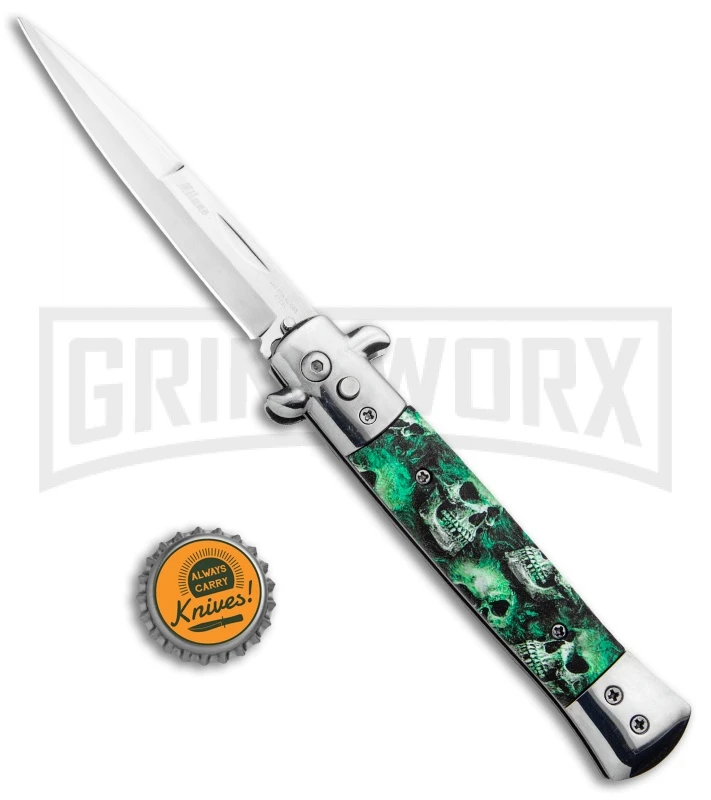 Milano 9" Stiletto Green Skull Automatic Knife - Bayonet Satin 6 Milano 9" Stiletto Green Skull Automatic Knife - Bayonet Satin - Image 4