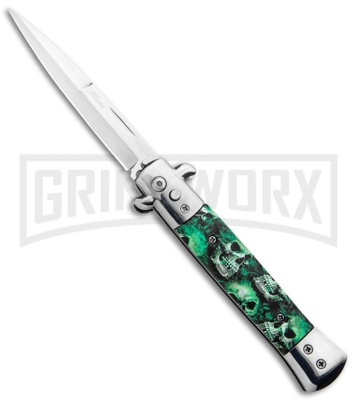 Milano 9" Stiletto Green Skull Automatic Knife - Bayonet Satin 3 Milano 9" Stiletto Green Skull Automatic Knife - Bayonet Satin