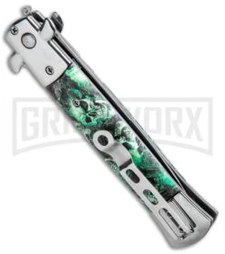 Milano 9" Stiletto Green Skull Automatic Knife - Bayonet Satin 8 Milano 9" Stiletto Green Skull Automatic Knife - Bayonet Satin -Grindworx Milano 9in Stiletto Green Skull Auto Bayo GSE018CMGRN 1 GX 33509 jr side large