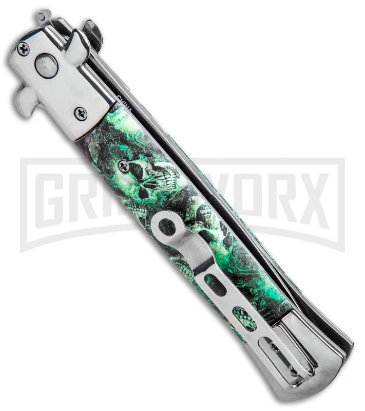 Milano 9" Stiletto Green Skull Automatic Knife - Bayonet Satin 5 Milano 9" Stiletto Green Skull Automatic Knife - Bayonet Satin - Image 3