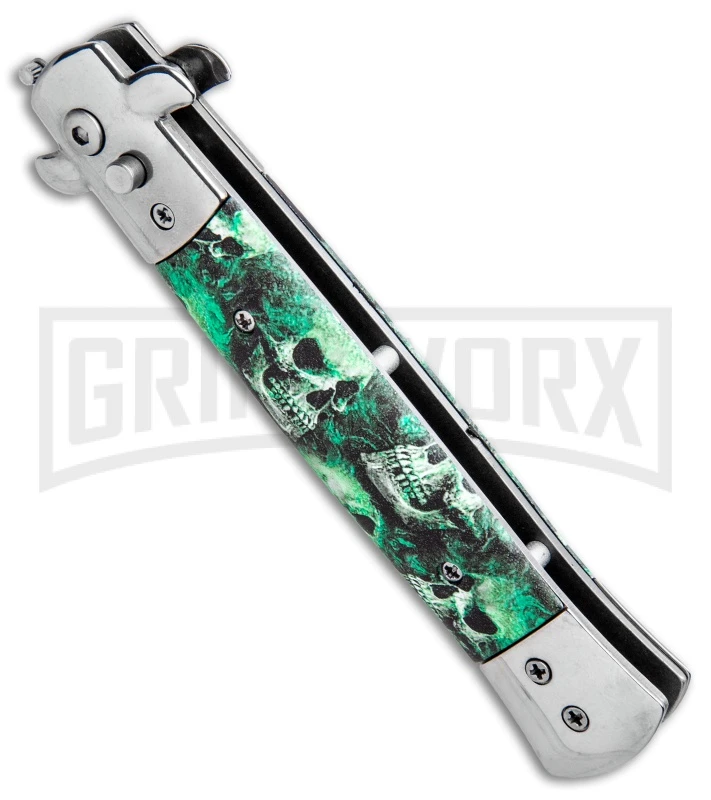 Milano 9" Stiletto Green Skull Automatic Knife - Bayonet Satin 4 Milano 9" Stiletto Green Skull Automatic Knife - Bayonet Satin - Image 2