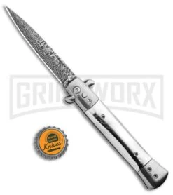 Milano 9" Stiletto Silver Automatic Knife - Bayonet Sim Damascus -Grindworx Milano 9in Stiletto Silver Auto Bayo Sim Damascus GSE018LSL GX 33505 jr bottlecap large