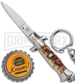 SKM 2.75" Italian Stiletto Keychain Stag Automatic Knife - Satin Plain -Grindworx SKM 2.75in Italian Stiletto Keychain Sim Abalone Auto Satin GX 36953 jr bottlecap large