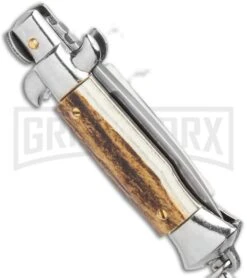 SKM 2.75" Italian Stiletto Keychain Stag Automatic Knife - Satin Plain -Grindworx SKM 2.75in Italian Stiletto Keychain Sim Abalone Auto Satin GX 36953 jr side large