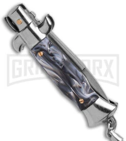 SKM 4" Italian Stiletto Gray Acrylic Automatic Knife Keychain - Bayo -Grindworx SKM 4in Keycahin Stiletto AK Knife Gray Acrylic 1in Satin BAYO BHQ 183373 td side large