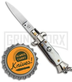 SKM 4" Italian Stiletto Brazilian Horn Automatic Knife Keychain - Flat Grind -Grindworx SKM 4in Keychain Stiletto Auto Brazilian Horn Satin Flat BHQ 125146 jr bottlecap large