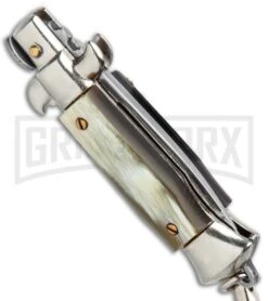 SKM 4" Italian Stiletto Brazilian Horn Automatic Knife Keychain - Flat Grind -Grindworx SKM 4in Keychain Stiletto Auto Brazilian Horn Satin Flat BHQ 125146 jr side large