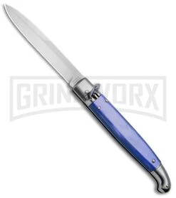 SKM 9.5" Blue Acrylic Fancy Lever Lock Automatic Stiletto Knife - Satin Bayo