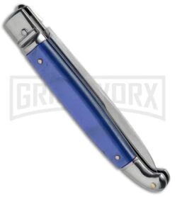SKM 9.5" Blue Acrylic Fancy Lever Lock Automatic Stiletto Knife - Satin Bayo -Grindworx SKM 9.5in Fancy Acrylic LL Stiletto Bayo Blue BP 19172 jr side large