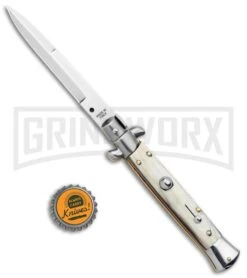 SKM 9" Italian Stiletto Honey Horn Automatic Knife - Bayonet -Grindworx SKM 9in Italian Stiletto Auto Honey Horn Satin Bayo BHQ 131268 jr bottlecap large